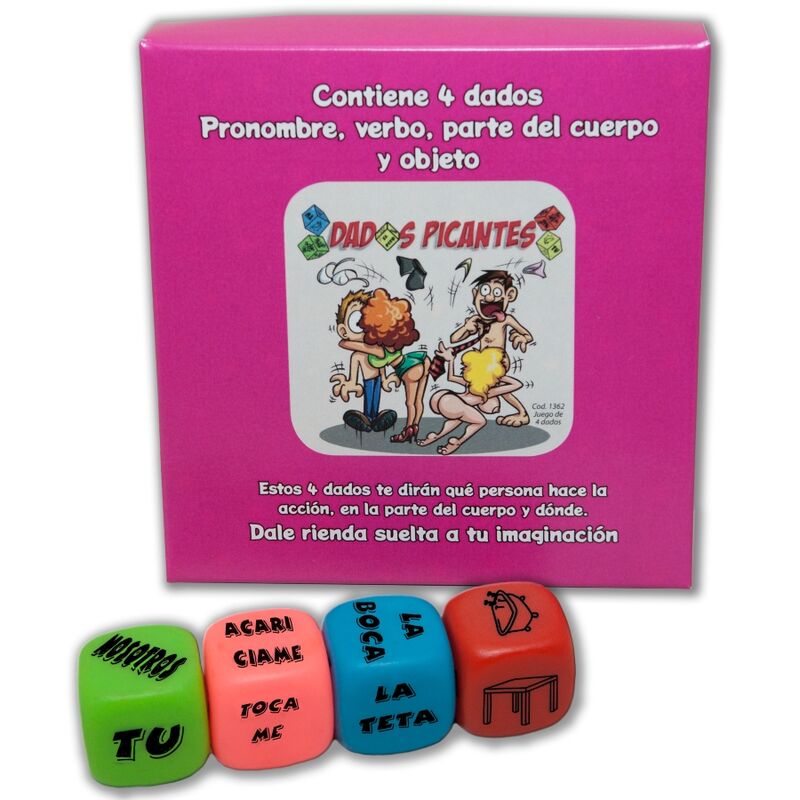 DIABLO PICANTE – JUEGO 4 DADOS PRONOMBRE, VERBO, PARTE DEL CUERPO Y LUGAR