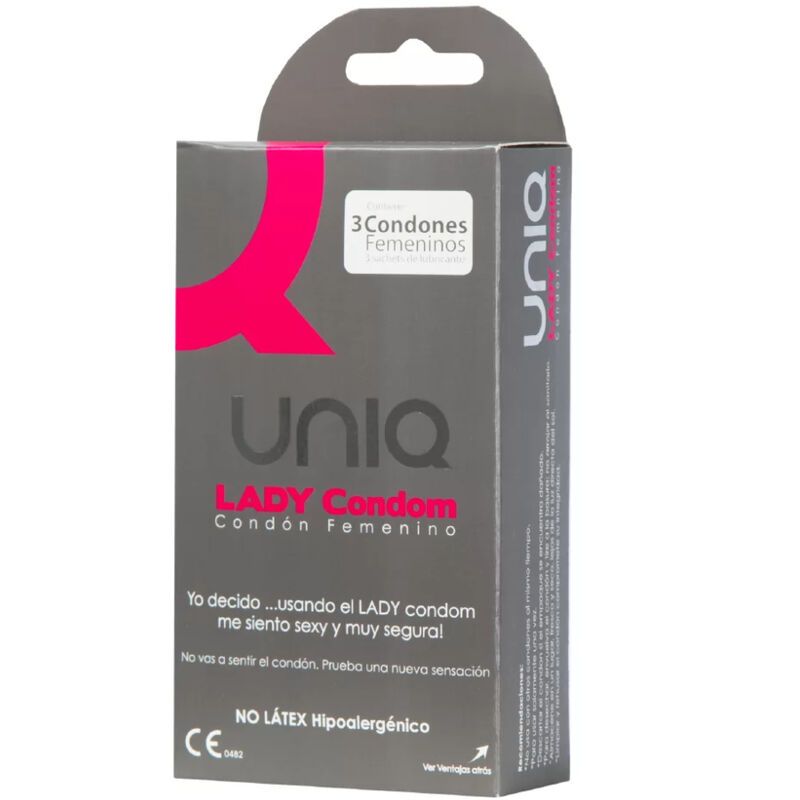 UNIQ –  LADY CONDOM PRESERVATIVOS FEMENINOS CON LIGUERO SIN LATEX 3 UNIDADES