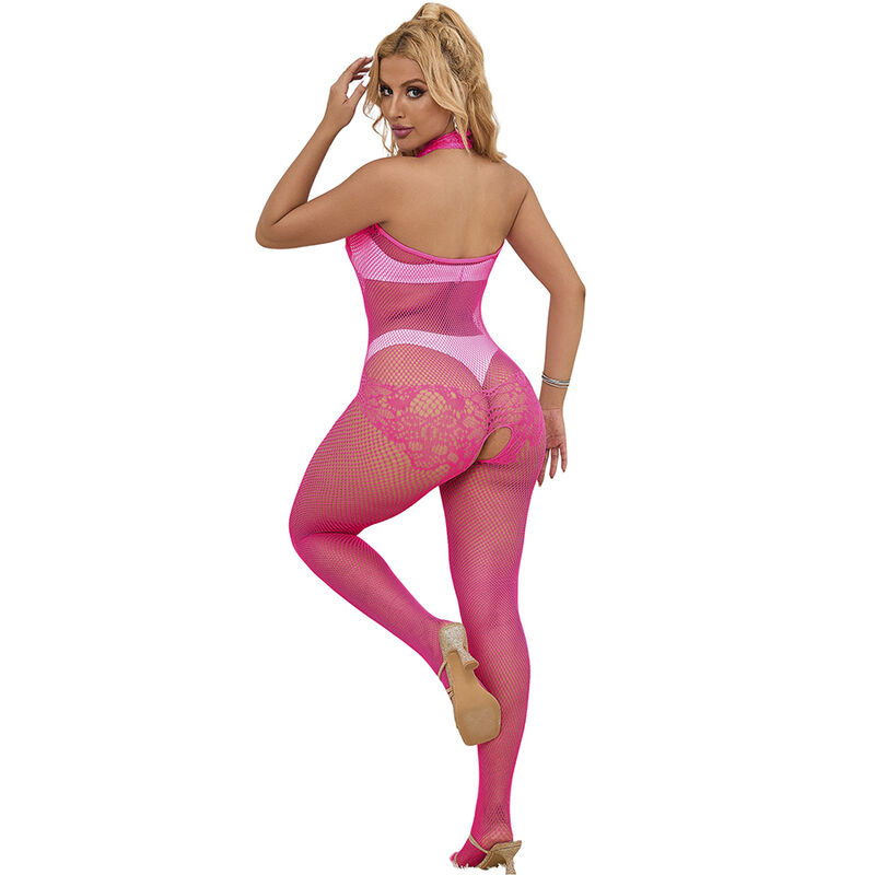 SUBBLIME – 952389 BODYSTOCKING CROTCHLESS DE REJILLA Y ENCAJE CON CUELLO ALTO ROSA TALLA ÚNICA