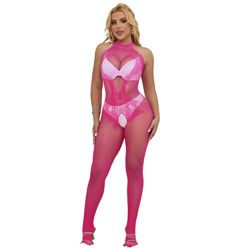 SUBBLIME – 952389 BODYSTOCKING CROTCHLESS DE REJILLA Y ENCAJE CON CUELLO ALTO ROSA TALLA ÚNICA