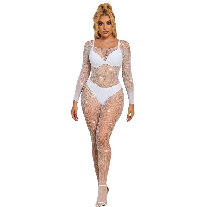 SUBBLIME – 952396 BODYSTOCKING DE REJILLA CON DIAMANTES MANGA LARGA BLANCO TALLA ÚNICA