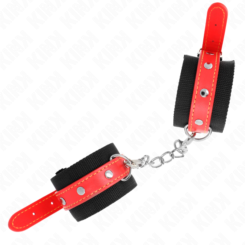 KINK – MUÑEQUERAS DE NYLON NEGRO CON CORREA POLIPIEL ROJO AJUSTABLE 19-24 CM X 5.5 CM