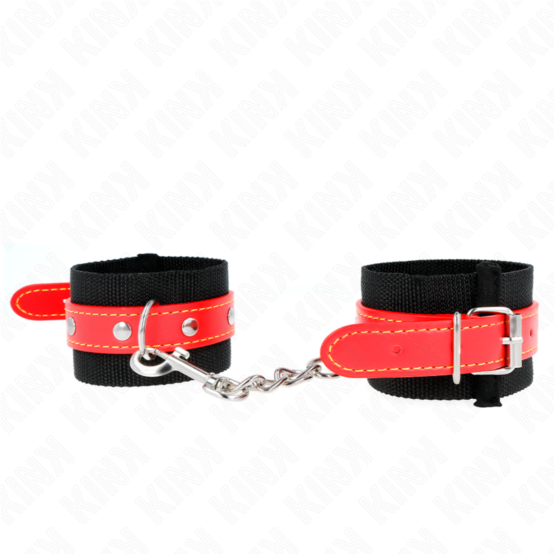 KINK – MUÑEQUERAS DE NYLON NEGRO CON CORREA POLIPIEL ROJO AJUSTABLE 19-24 CM X 5.5 CM